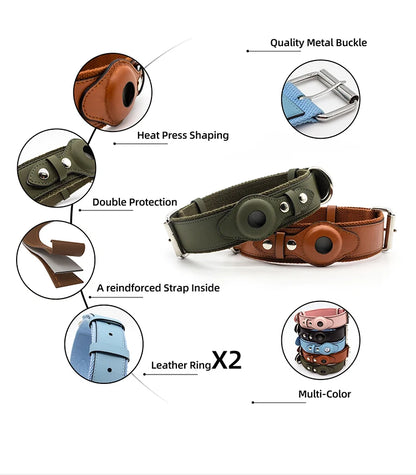 OEM Custom Adjustable Personalize Pet Accessories Luxury Vegan PU Leather Dog Collar with Airtag Case